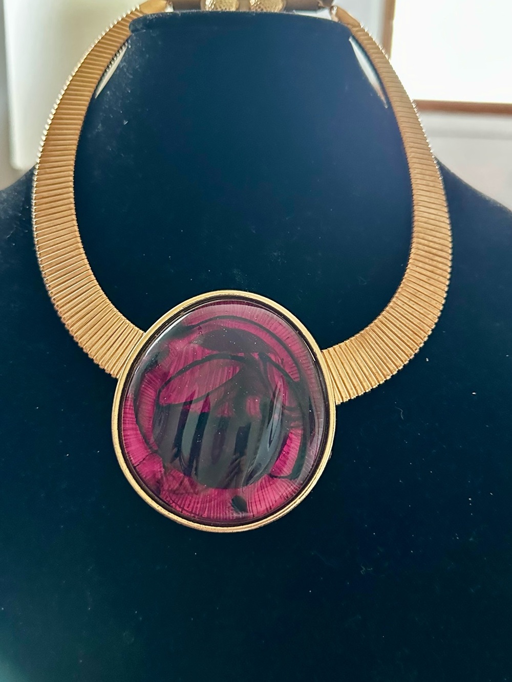 Gold Collar Necklace with Pink Medallion